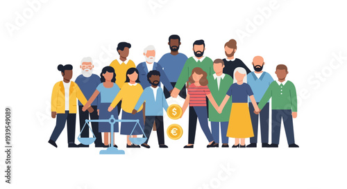 Diverse People United for Global Equality & Justice with Scale and Currency Symbols - Inclusion, Fairness, Economic Balance