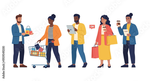 Diverse Shoppers Group with Bags, Cart, and Digital Devices Representing Modern Retail & E-commerce