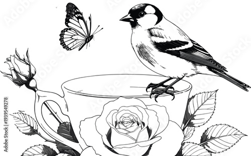 Elegant black and white illustration of bird perched on teacup surrounded by blooming roses, rosebuds, leaves, and butterfly in flight, detailed floral nature artwork