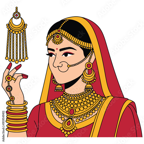 Beautiful pakistani indian bride in traditional dress, wedding woman side profile, bridal portrait