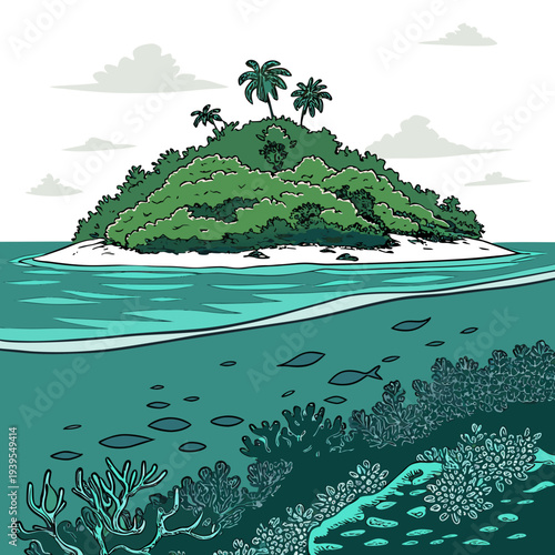 A serene tropical island with lush greenery and palm trees surrounded by turquoise ocean waters and coral reefs