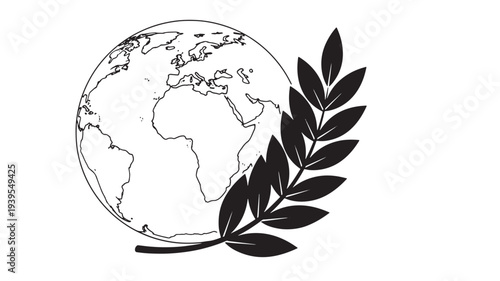 Globe with laurel wreath, symbolizing peace and global unity, rendered in a clean black and white line art style.