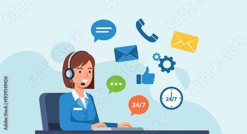 Woman Wearing Headset at Desk.