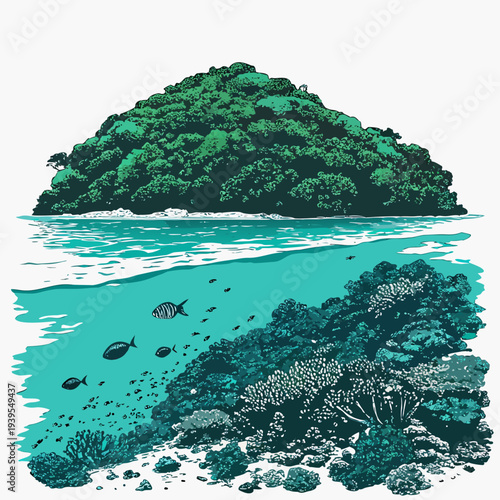 Illustration of a tropical island with coral reef and fish in the ocean