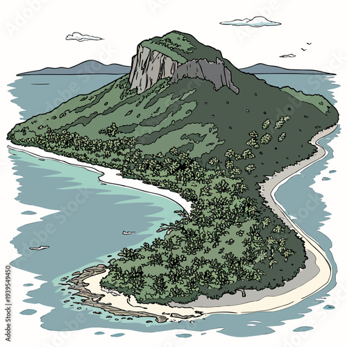 Illustration of a scenic island with lush greenery and a prominent rocky hilltop surrounded by turquoise waters and a sandy beach