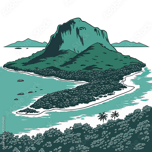 Illustration of a serene tropical island with lush greenery and a majestic mountainous landscape