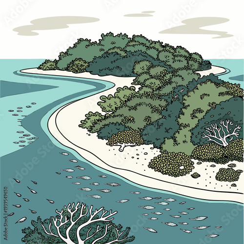 A serene island landscape with lush greenery and a winding shoreline featuring a sandy beach and crystal clear waters under a cloudy sky