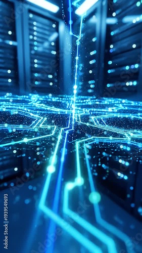 Futuristic network connection abstract illustration depicting a complex digital circuit with glowing blue lines and data points over a dark background symbolizing technology and innovation