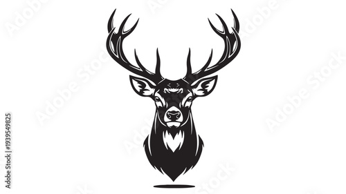 Deer head vector illustration in black and white with majestic antlers and detailed facial features against a clean white background.