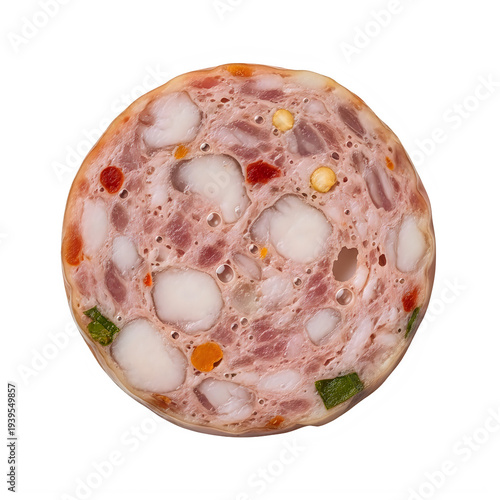 Mortadella Meat Slice with Peppercorns and Herbs Isolated on Transparent White Background