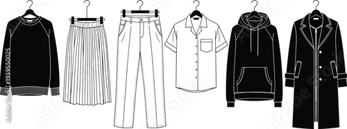 Collection of clothes hanger vector silhouettes, laundry line icons, winter apparel set, elegant dresses, coat racks, and wardrobe organization for fashion retail