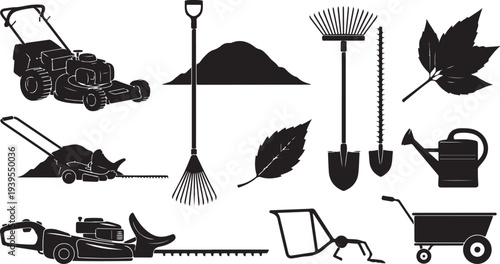 Black and white gardening tools and equipment illustrations set