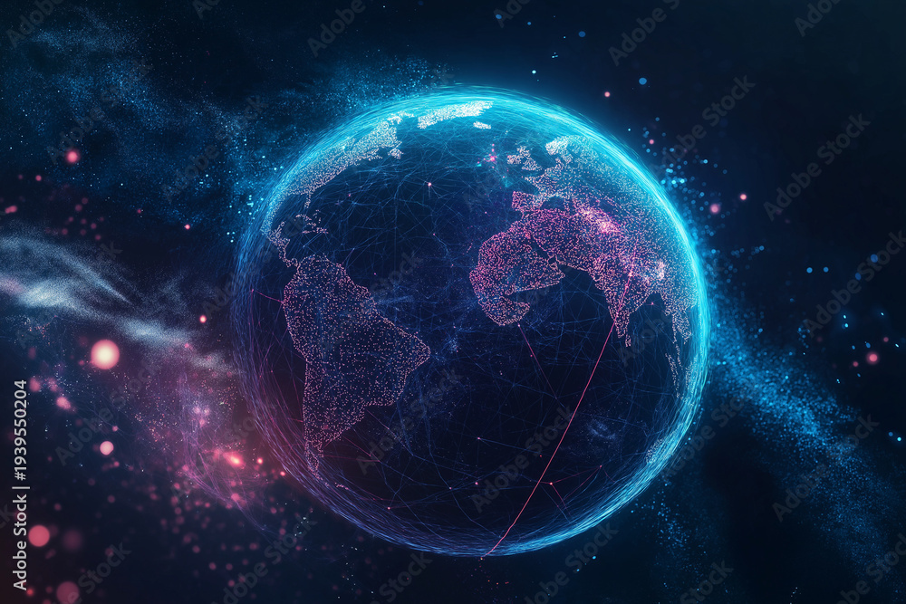 Fototapeta premium Metaverse digital world cyber space background, neon colorful global world in cyber space, future energy power technology and internet connection concept