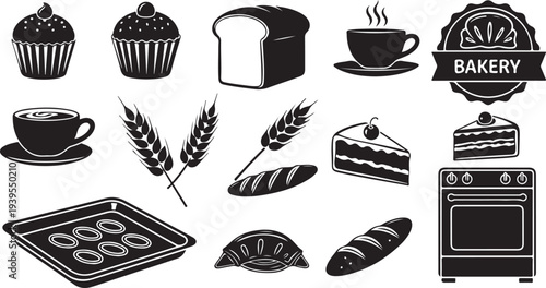 Bakery icons and symbols in black and white illustration