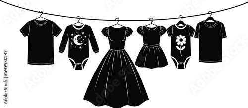 Collection of clothes hanger vector silhouettes, laundry line with baby clothes, winter apparel set, wardrobe organization and fashion retail boutique concept
