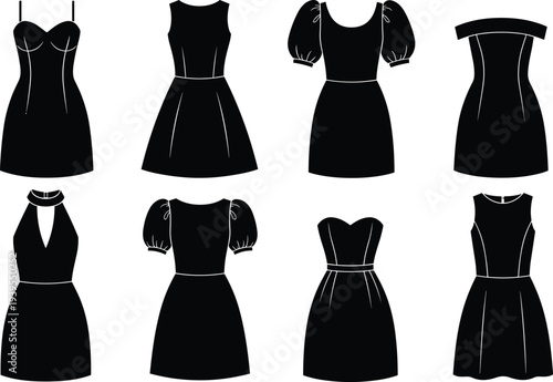 Vector collection of clothes hanger silhouettes, coat rack icons, winter apparel set, laundry service symbols, and wardrobe organization for fashion retail