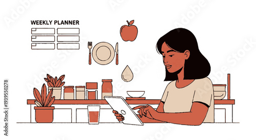 Woman uses tablet while planning meals with weekly planner and healthy food icons nearby