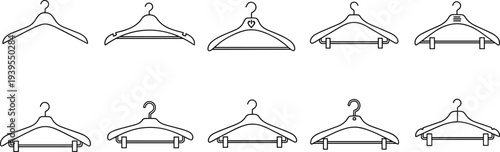 Large collection of clothes hanger vector silhouettes and line icons, laundry set with shirts, ties, wardrobe organization and fashion retail concept