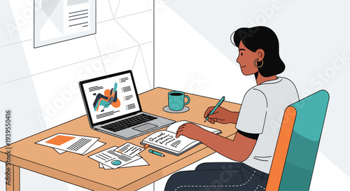 Woman working on laptop computer desk.