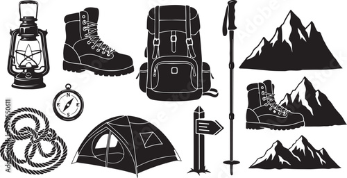 Camping and hiking equipment on white background illustration set