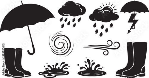 Weather icons and symbols in black and white illustration
