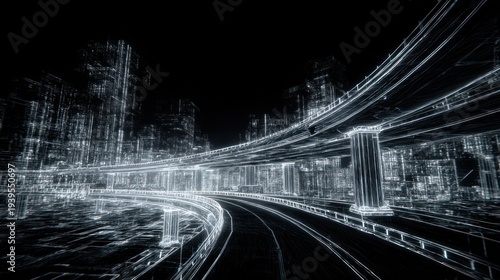 Abstract futuristic city digital design with highway overpass against black background