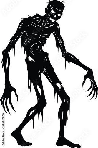 Scary zombie silhouette, walking undead monster vector, creepy ghoul character for Halloween, horror concept, skeletal creature, dark apocalypse, isolated white background.