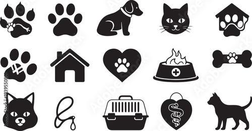 Black and white pet icons and symbols collection