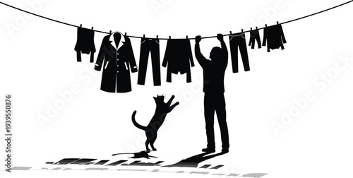 Man hanging laundry on clothesline silhouette with jumping cat, featuring household chores, outdoor drying, and domestic lifestyle for family home.