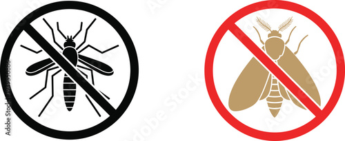 No mosquito and no moth warning signs set, featuring crossed out insect silhouettes in red and black circles for pest control.