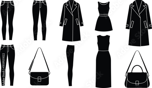 Collection of women clothing silhouettes, featuring skinny jeans, long trench coats, elegant dresses, and stylish crossbody handbags for fashion design.