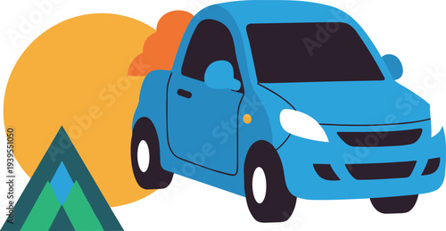 Vibrant blue car driving towards sunny mountain landscape getaway