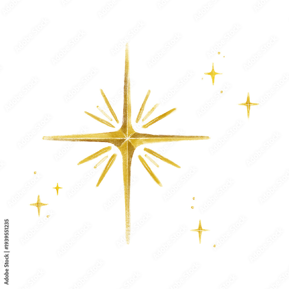 Fototapeta premium Hand Drawn Golden North Star Icon with Sparkles and Twinkling Magic Elements Isolated on White Background