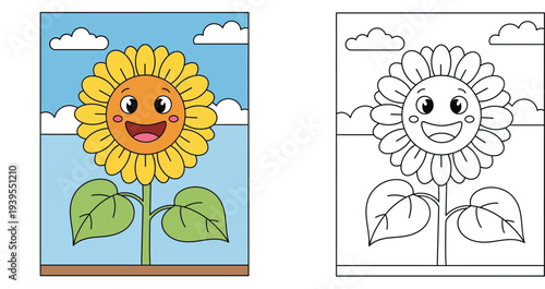 Happy smiling sunflower coloring page for kids. Cute summer flower vector illustration with colored example and black and white line art outline.
