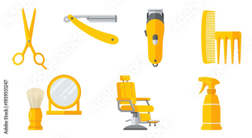 Barber Tools Set: Scissors, Razor, Clipper, Comb, Chair, Mirror, Brush, Spray