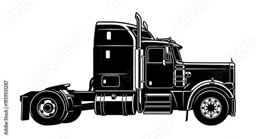 Black Silhouette of a Classic American Semi-Truck Cab and Chassis
