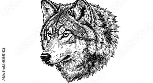 Detailed Wolf Head Sketch, Wild Animal Portrait, Black and White Ink Drawing