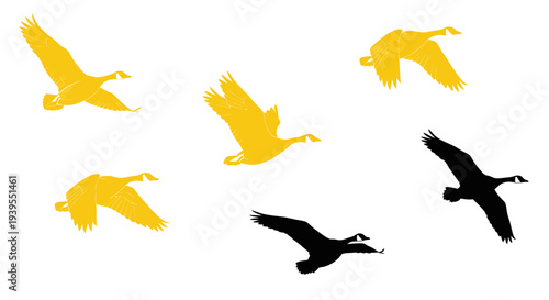 Geese Flying in Formation: Yellow and Black Silhouettes on White Background