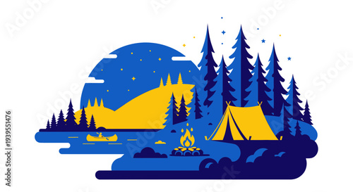 Flat design camping scene: tent, campfire, canoe, forest, lake, moon, stars