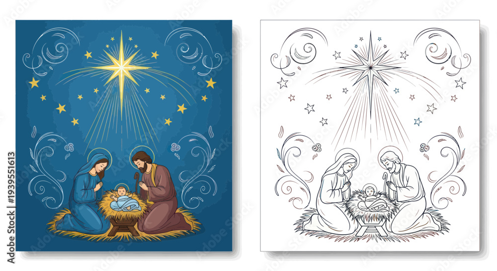 Fototapeta premium Nativity Scene with Star of Bethlehem and Ornamental Flourishes