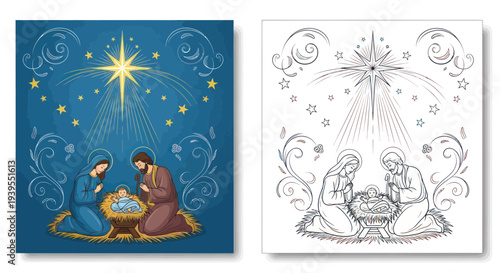 Nativity Scene with Star of Bethlehem and Ornamental Flourishes