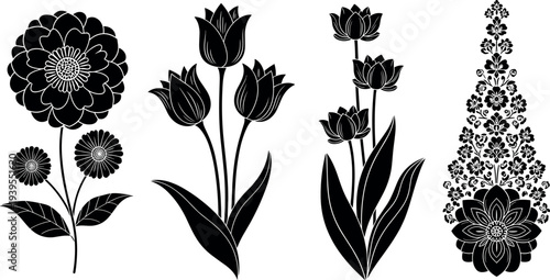 Decorative floral silhouette vector set featuring tulip lotus ornamental flowers botanical elements isolated for design decoration