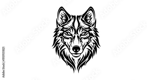 Tribal Wolf Head Tattoo Design, Fierce Animal Portrait, Black and White