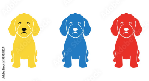 Three Sad Dogs in Yellow, Blue, and Red Colors