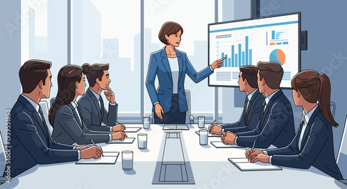 Businesswoman presenting to colleagues in meeting.