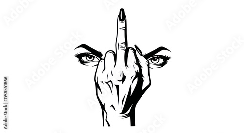 Woman's Hand Showing Middle Finger with Intense Eyes, Vector Art