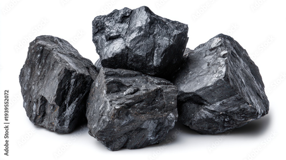 Obraz premium Stacked coal rocks against white background