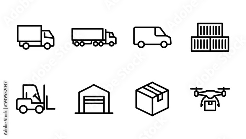 Logistics and Delivery Icons Set – Shipping, Transport, Warehouse, Supply Chain Line Art