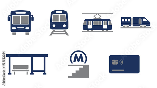 Public Transport Icons Set – Bus, Train, Metro, Station, Payment Vector