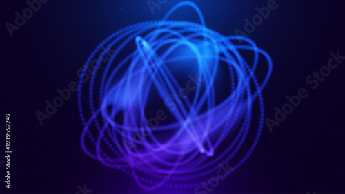 Tech Neon Lines Energy Orb. 3D Sphere Science Globe With Abstract Glowing Lines Representing Microbiology, Cell Research, or Nanotechnology On Dark Blue Background. Vector Illustration.